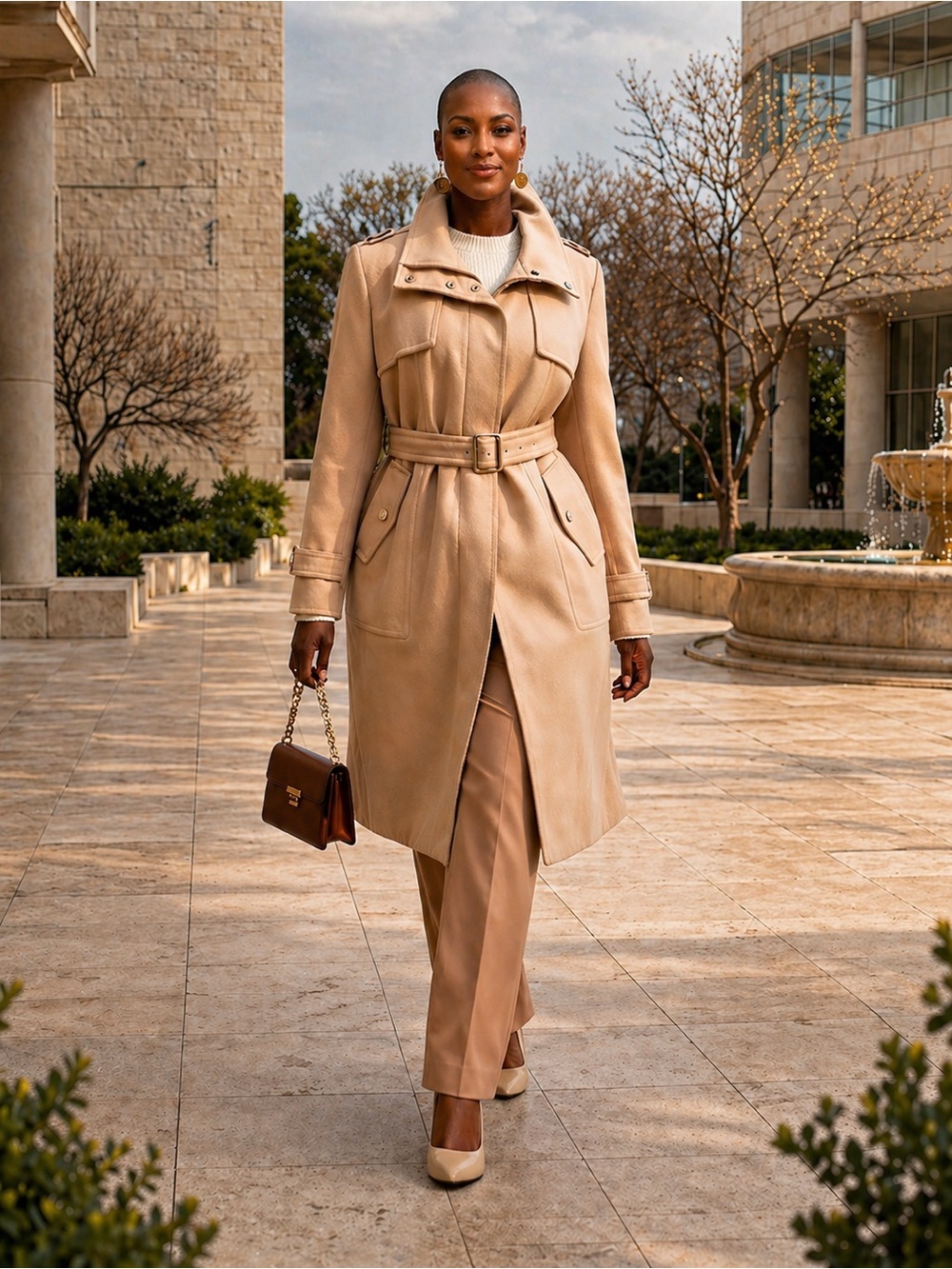 Kenneth Cole New York Belted Timeless Wool Coat in Camel Cream, Size 14